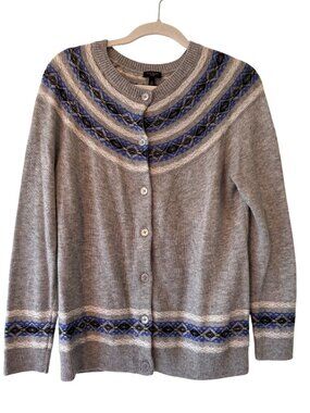 Talbots Grey Fair Isle Cardigan Sweater Lambswool Blend Size LP Button Front